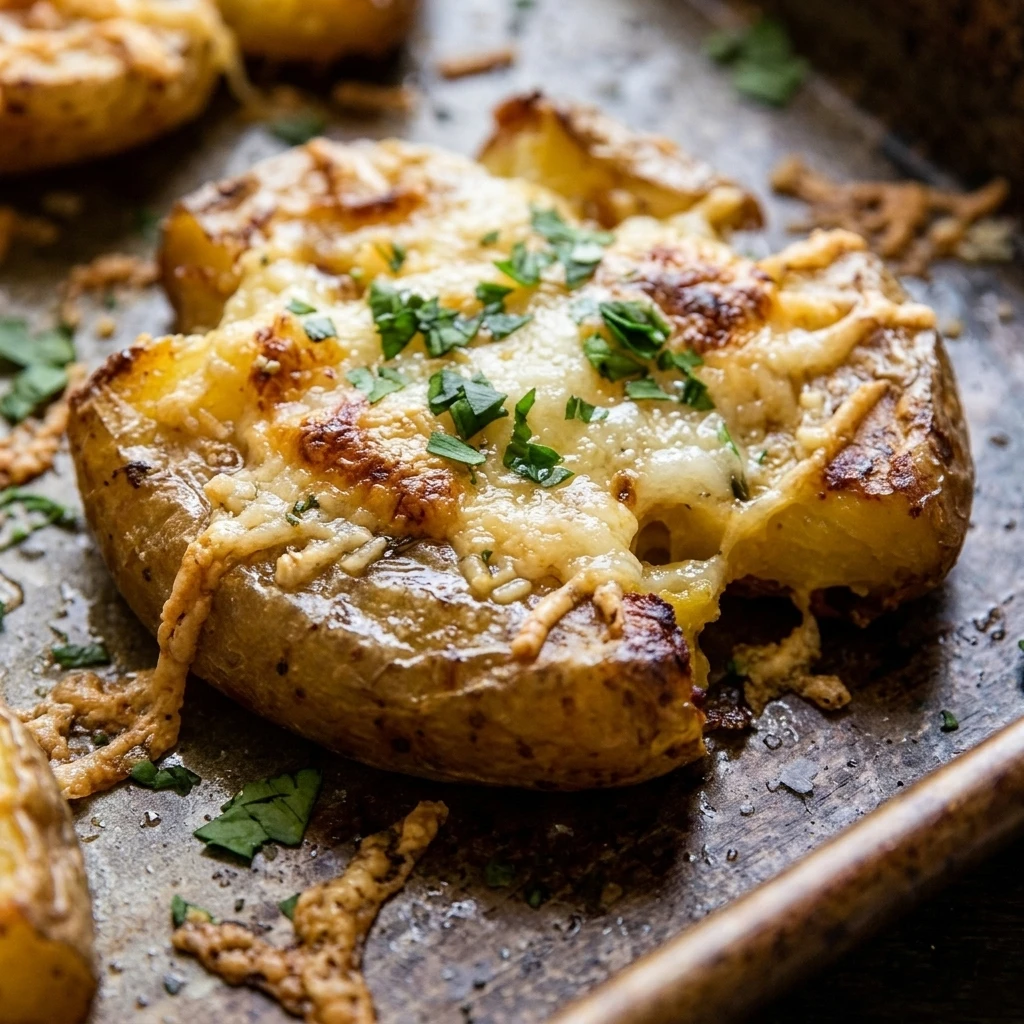 Close-up of crackly smashed potato edges brushed with garlic butter and melted Parmesan
