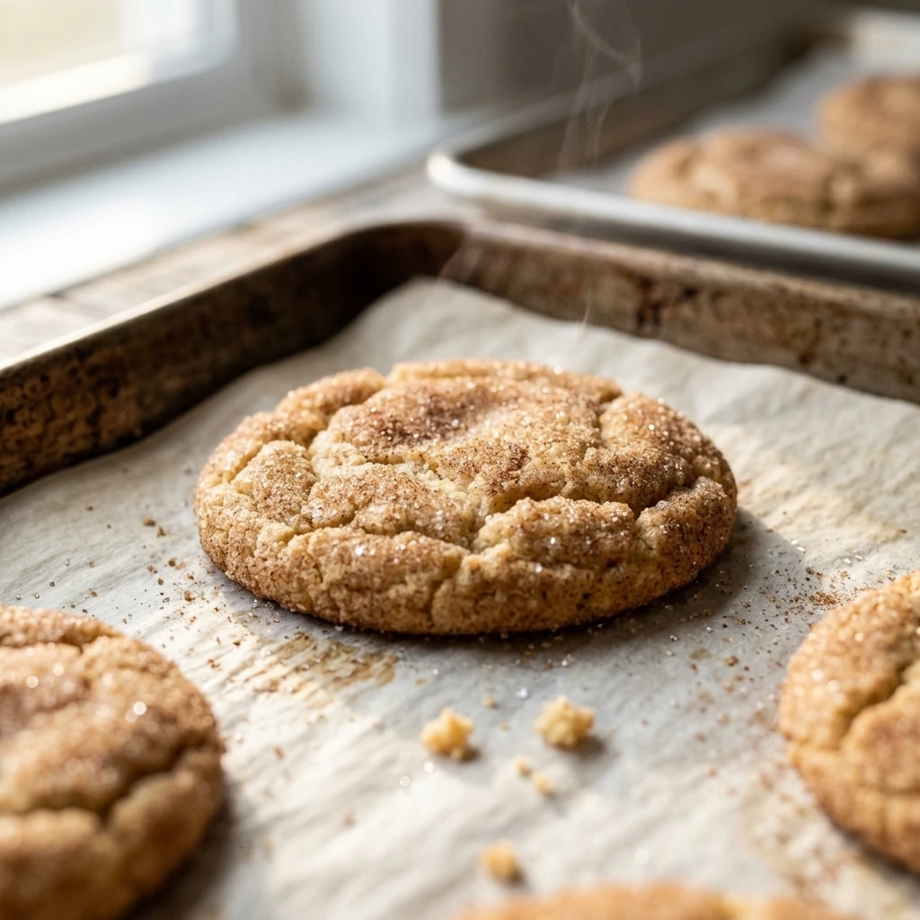 Close up of the cracked cinnamon sugar surface on a soft snickerdoodle cookie fresh from the oven
