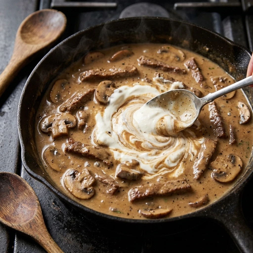 Sour cream being folded into mushroom gravy for a smooth stroganoff sauce
