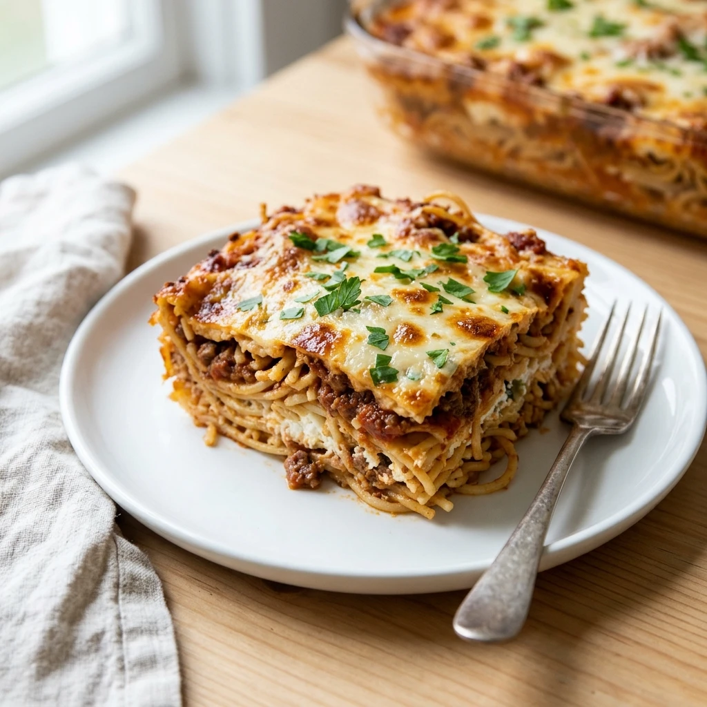  Golden million dollar spaghetti casserole square with melted mozzarella and parsley on a white plate
