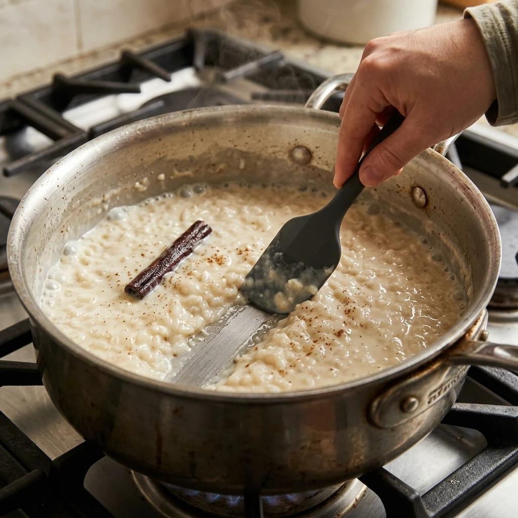 Spatula leaving a slow trail in simmering stovetop rice pudding to check thickness 