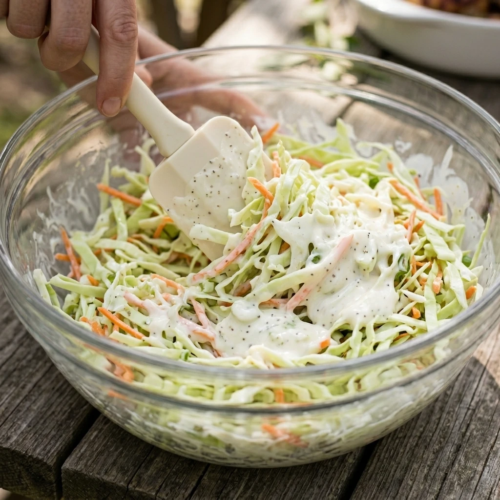 Thick dressing folded into cabbage and carrot shreds with a spatula for classic homemade coleslaw