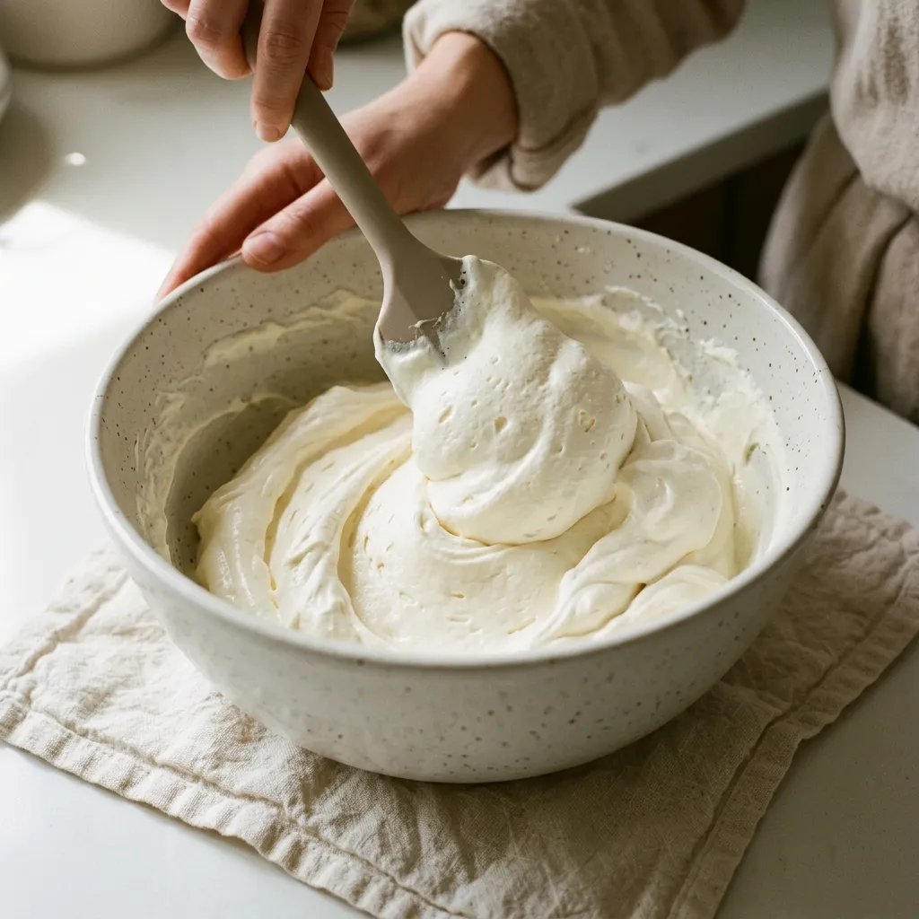 Spatula folding whipped cream into cream cheese mixture for fluffy unbaked cheesecake filling