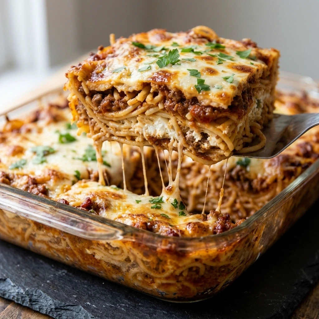  Close up of a cheesy million dollar spaghetti slice showing creamy center and meat sauce layers
