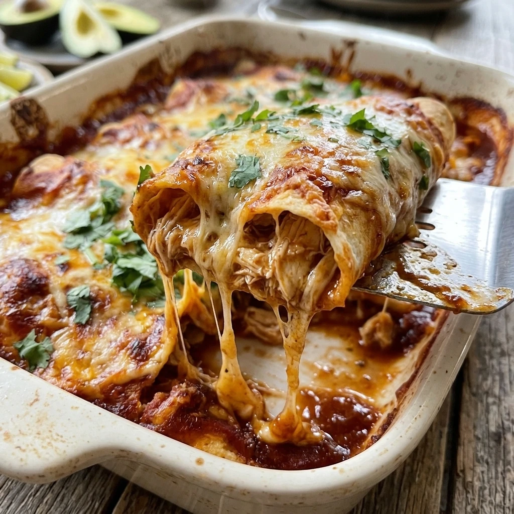 Close-up of a cheesy chicken enchilada lifted from the pan to show the shredded chicken filling