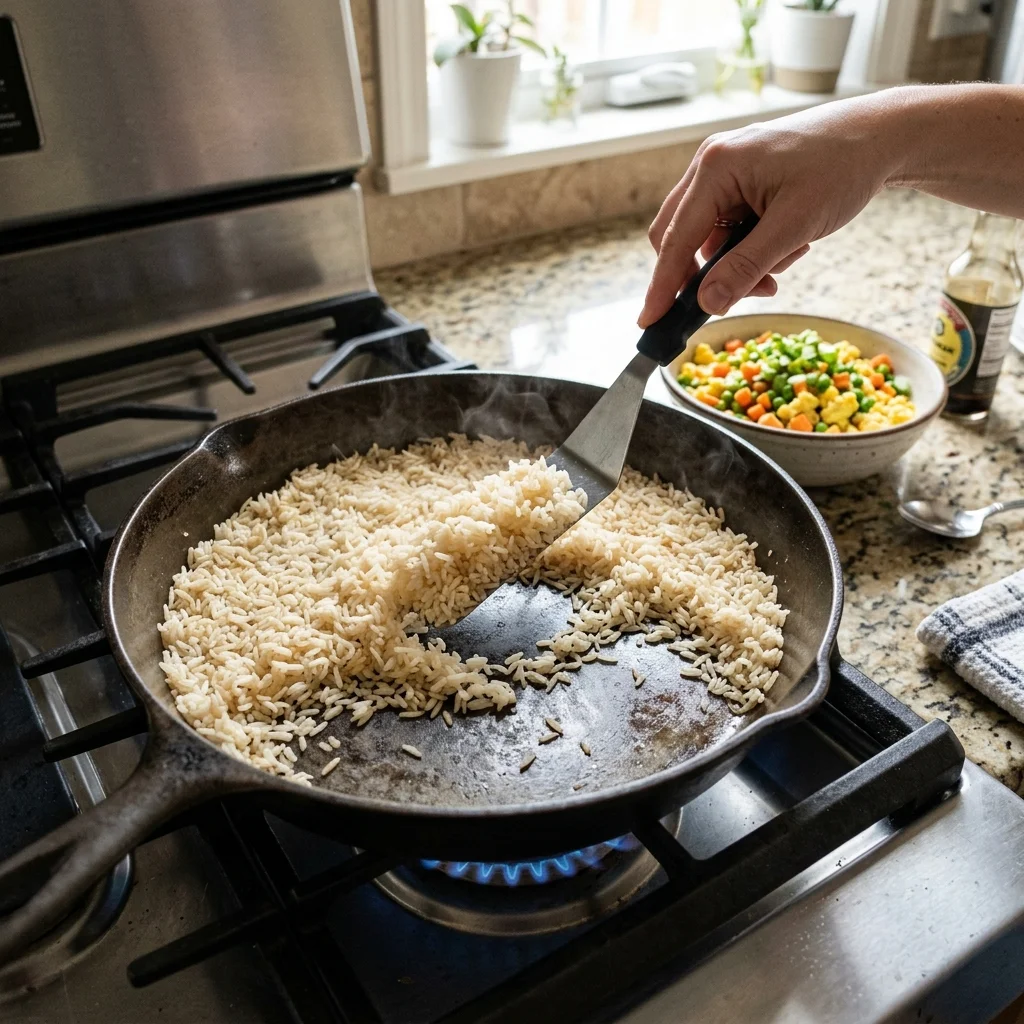 A small batch of rice spread across a wide skillet beside cooked egg and vegetables