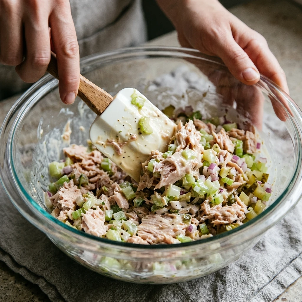  Close up of folding creamy dressing and diced celery into flaked tuna with a rubber spatula for a classic tuna salad recipe