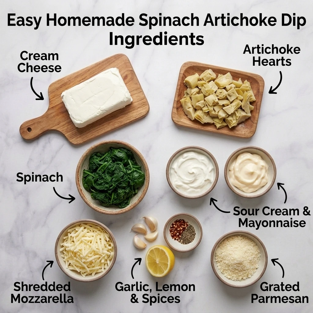 Flat lay of spinach artichoke dip ingredients including cream cheese, artichoke hearts, and shredded mozzarella