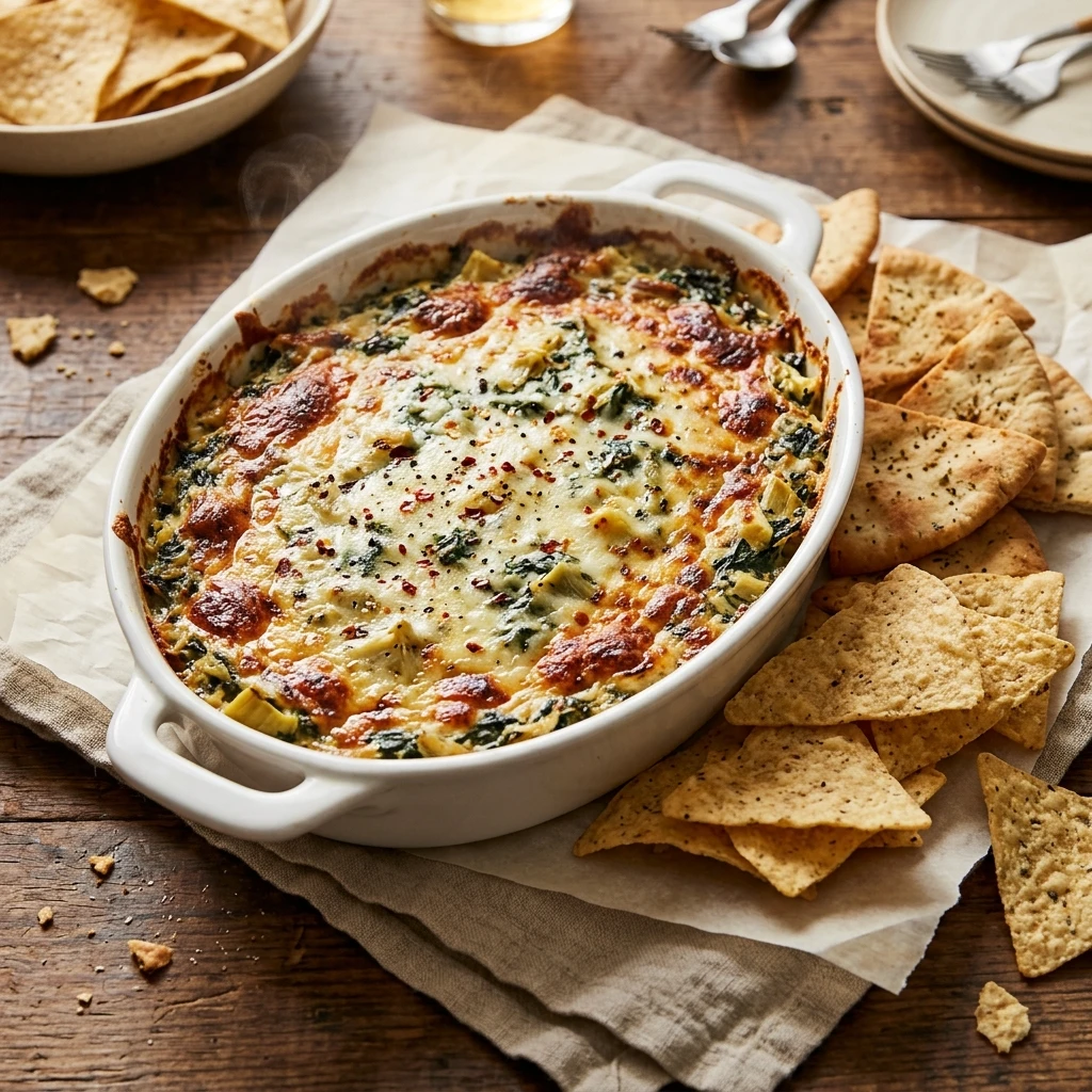Golden bubbling spinach artichoke dip in a ceramic baking dish with pita chips ready for game day