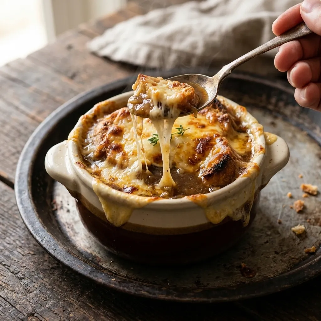 Spoon lifting a cheesy string of Gruyère from alcohol free French onion soup in a crock
