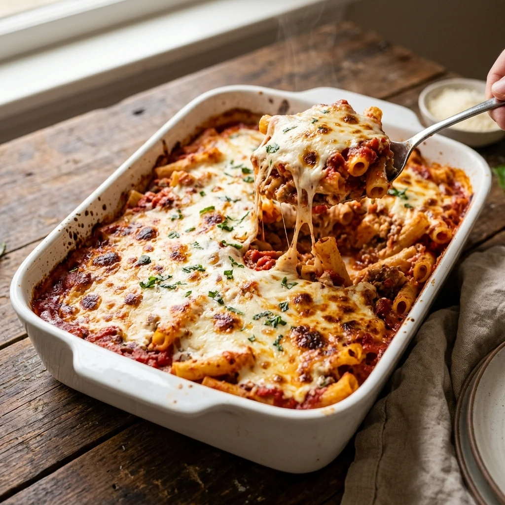 Easy Baked Ziti with Meat Sauce and Creamy Ricotta