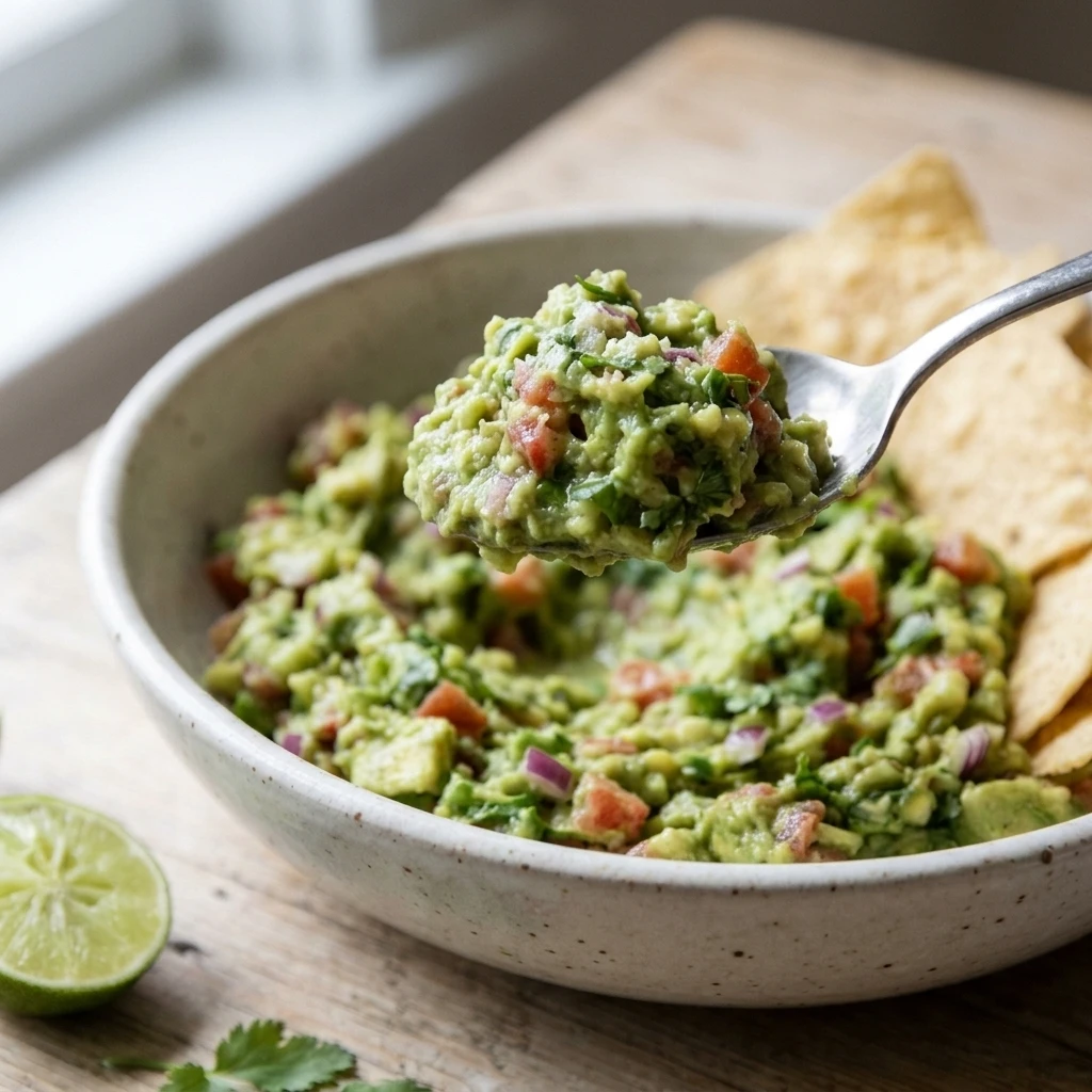  Close-up of chunky guacamole on a spoon showing creamy avocado with cilantro and tomato flecks