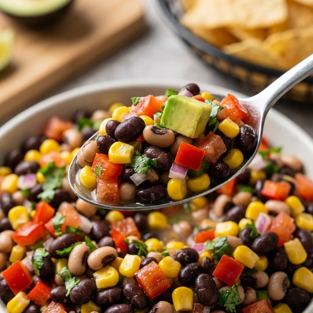 Close-up spoonful of chunky bean and corn salad with crisp vegetables and avocado.