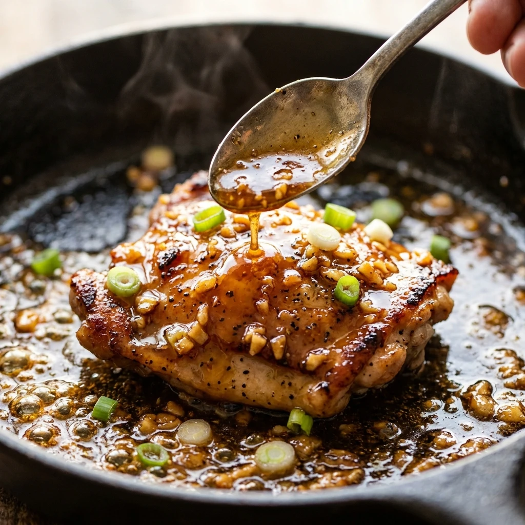  Close up of sticky honey garlic sauce coating a juicy chicken thigh in a pan
