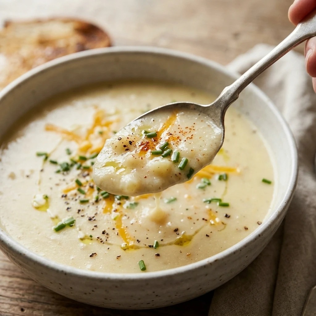 Close up of a spoon lifting thick potato soup with soft chunks and smoked paprika
