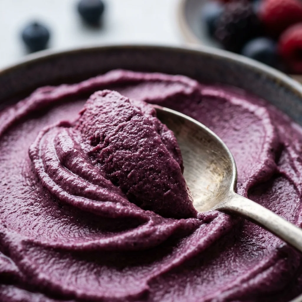 Spoon lifting a dense purple smoothie-bowl base with soft sorbet-like folds.