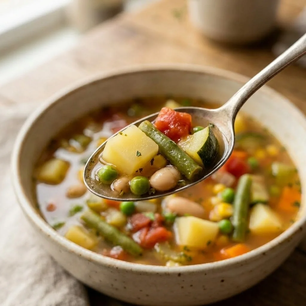 Close-up spoonful of tender mixed vegetables and cannellini beans in a light tomato-herb broth.