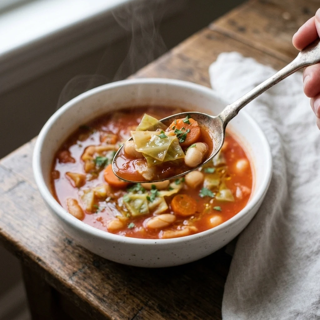 Close-up of vegetable cabbage soup with tender cabbage squares, cannellini beans, and red tomato broth