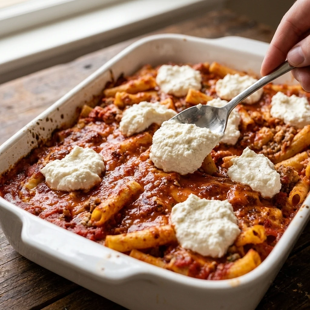 Ricotta mounds on sauced pasta before baking this cheesy baked ziti recipe