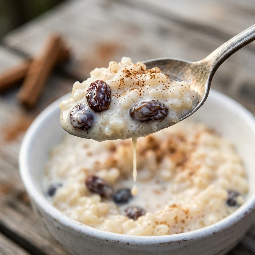 Close up spoonful of Mexican style rice pudding with tender rice grains and plump raisins