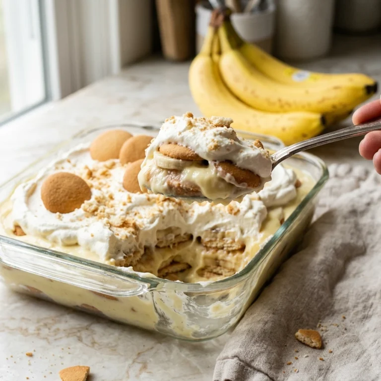 Spoonful of creamy banana pudding showing custard, wafer, and banana layers under whipped cream
