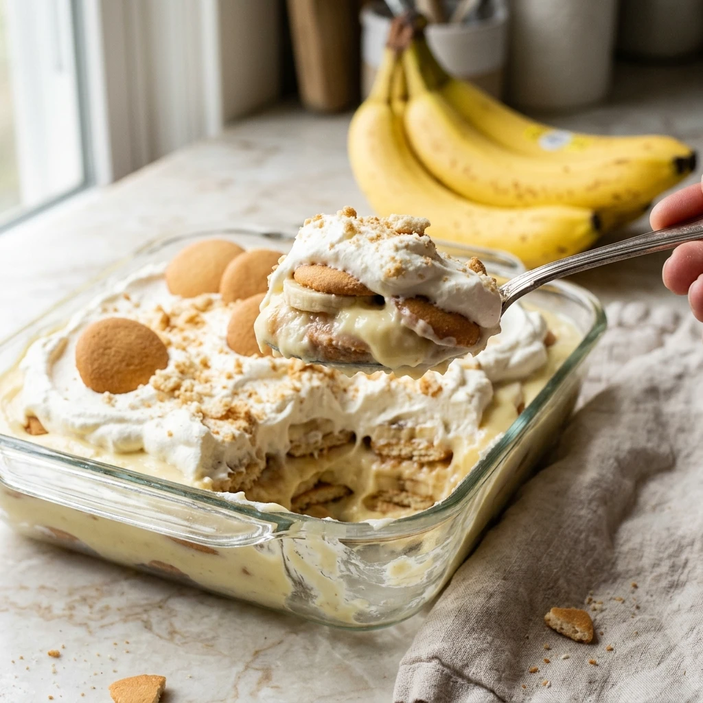 Spoonful of creamy banana pudding showing custard, wafer, and banana layers under whipped cream