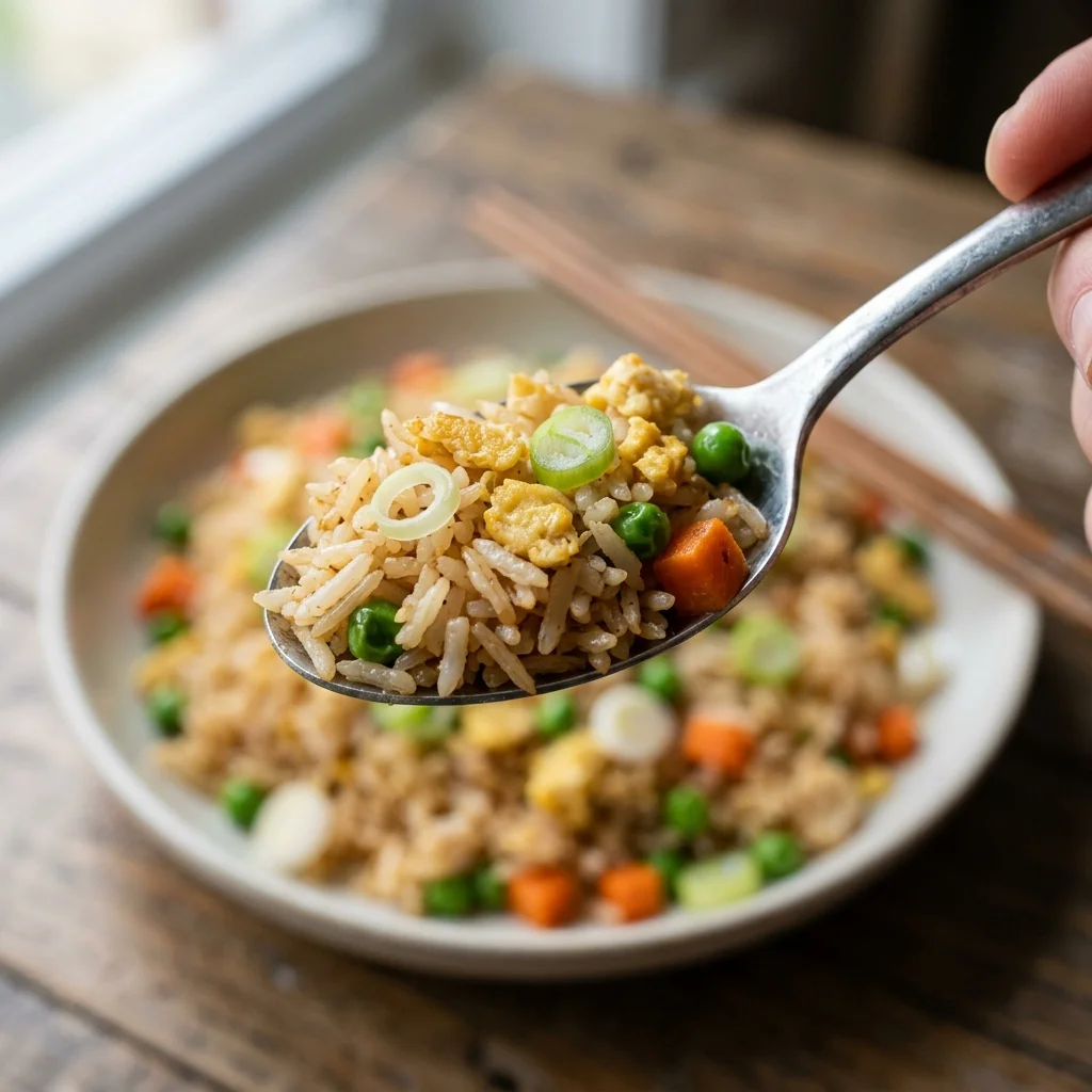 Close-up of loose rice grains with small egg folds and diced vegetables