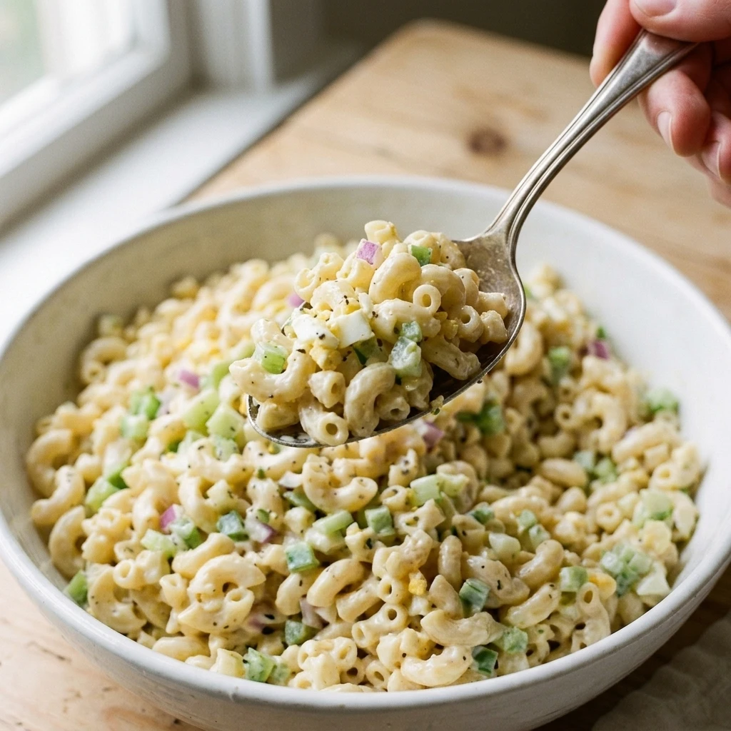  Close-up spoonful of classic macaroni salad with glossy dressing and diced celery
