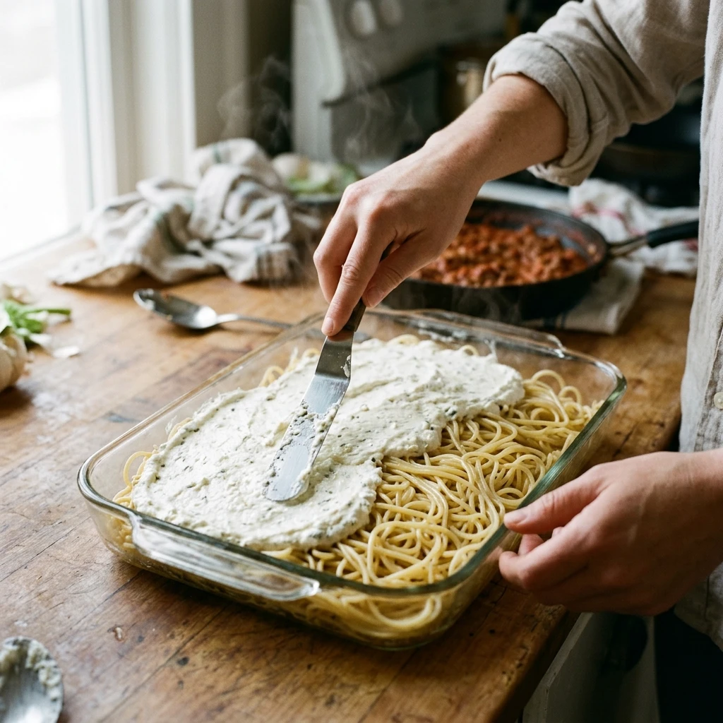  Spreading creamy cheese layer over spaghetti in a 9x13 dish for million dollar baked spaghetti
