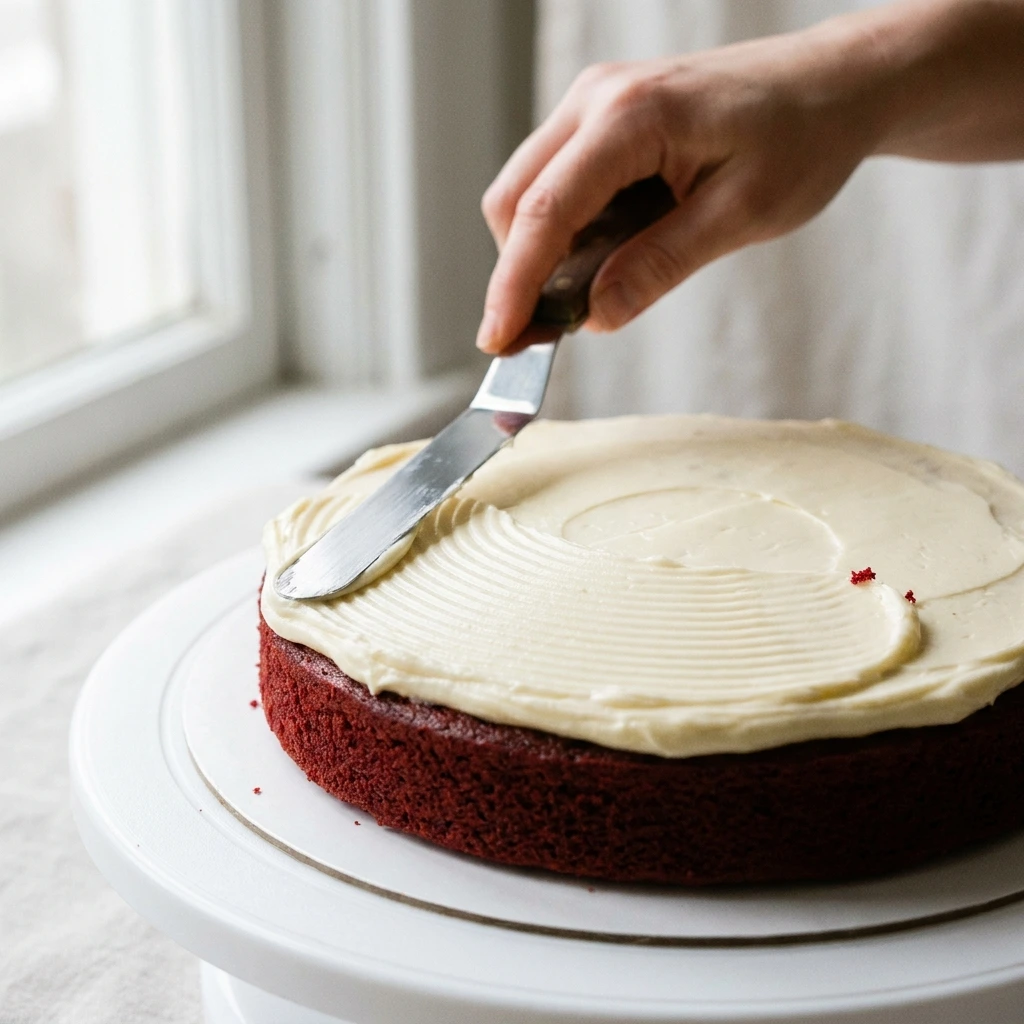 Close view of cream cheese frosting smoothed over a red velvet layer cake with an offset spatula