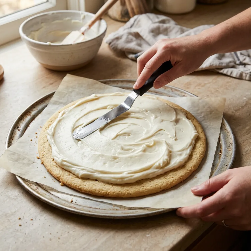 Hands spreading cream cheese frosting onto a cooled sugar cookie base for dessert pizza
