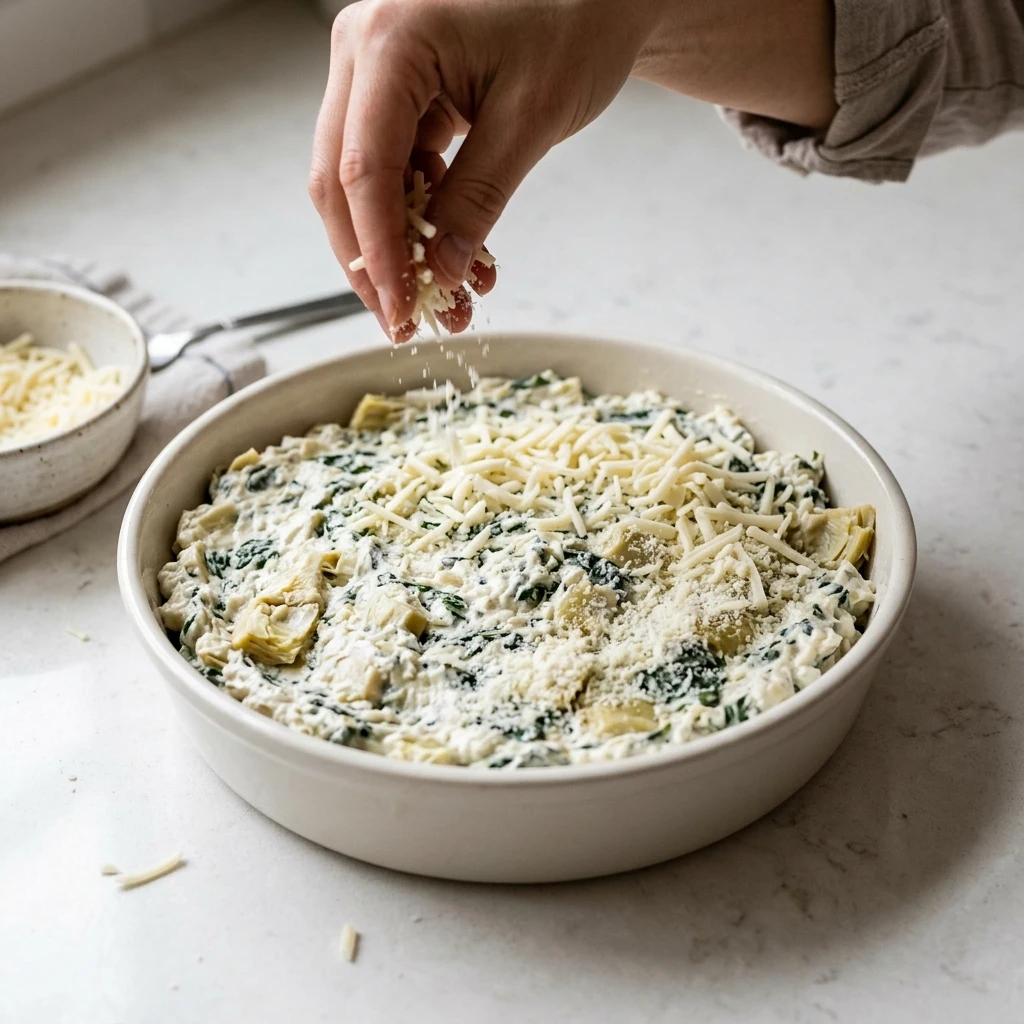Sprinkling mozzarella and Parmesan over unbaked hot spinach artichoke dip before it goes into the oven