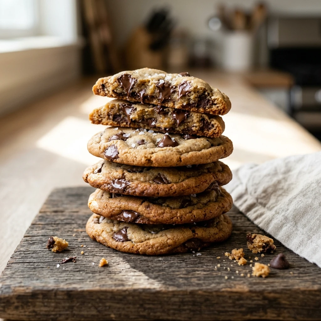 Stack of chewy chocolate chip cookies with golden edges and melted semisweet chips on a wooden board  