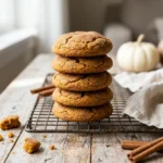 Stack of soft pumpkin cookies with cracked cinnamon sugar tops on a wire cooling rack