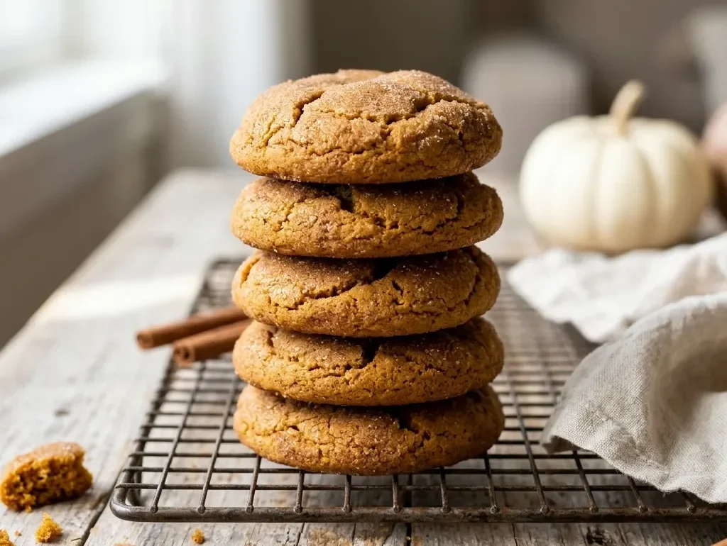 Stack of soft pumpkin cookies with cracked cinnamon sugar tops on a wire cooling rack
