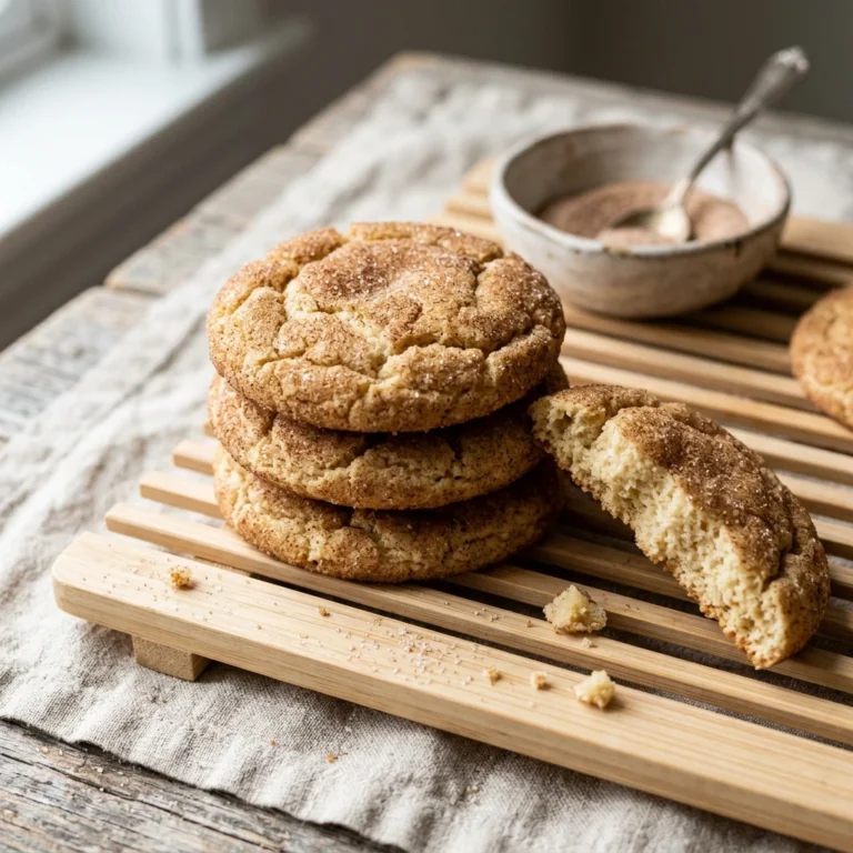 Stack of snickerdoodle cookies with crackled cinnamon sugar tops on a wooden cooling rack