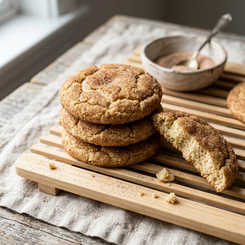 Stack of snickerdoodle cookies with crackled cinnamon sugar tops on a wooden cooling rack