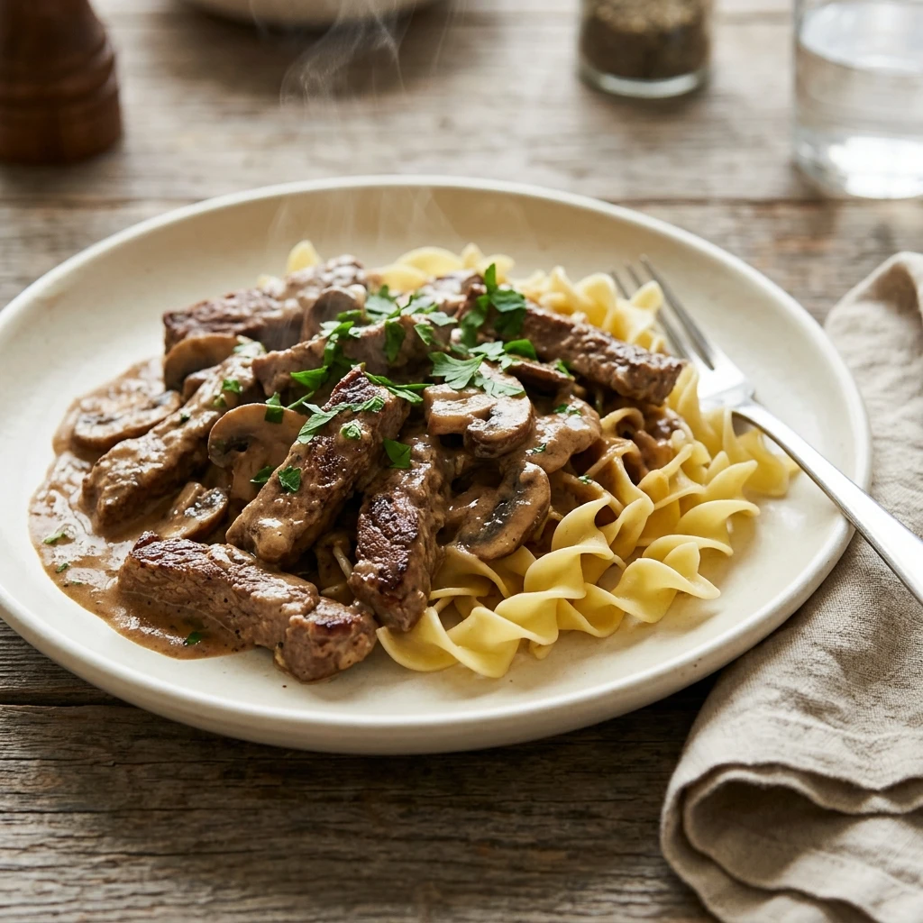 Plated steak stroganoff with parsley and wide noodles ready to serve at dinner