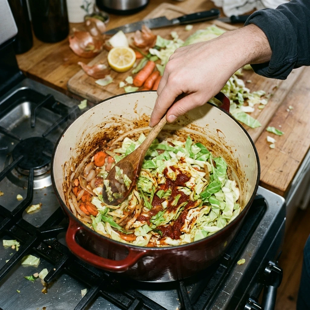 Cabbage wilting with toasted tomato paste in a Dutch oven while making cabbage soup on the stove