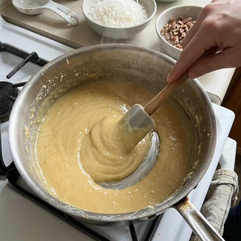 Coconut pecan cake filling thickening in a saucepan before coconut and pecans are mixed in