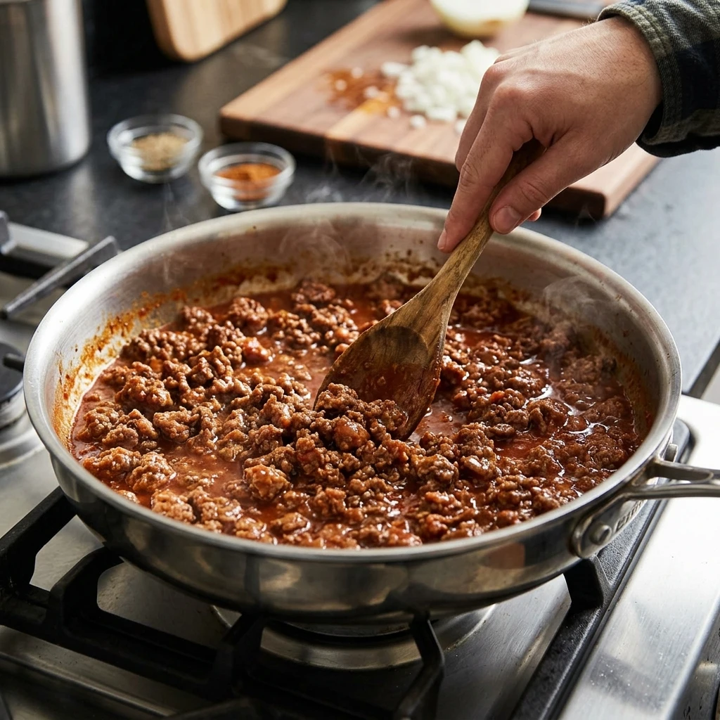 Seasoned taco meat simmering in a 12-inch skillet for a ground beef taco salad, stirred with a wooden spoon