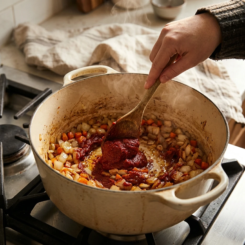 Tomato paste turning deep red with onions in a Dutch oven for an easy tomato soup recipe