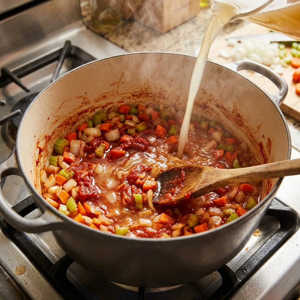 Tomato paste and softened aromatics being stirred with vegetable broth in a soup pot.