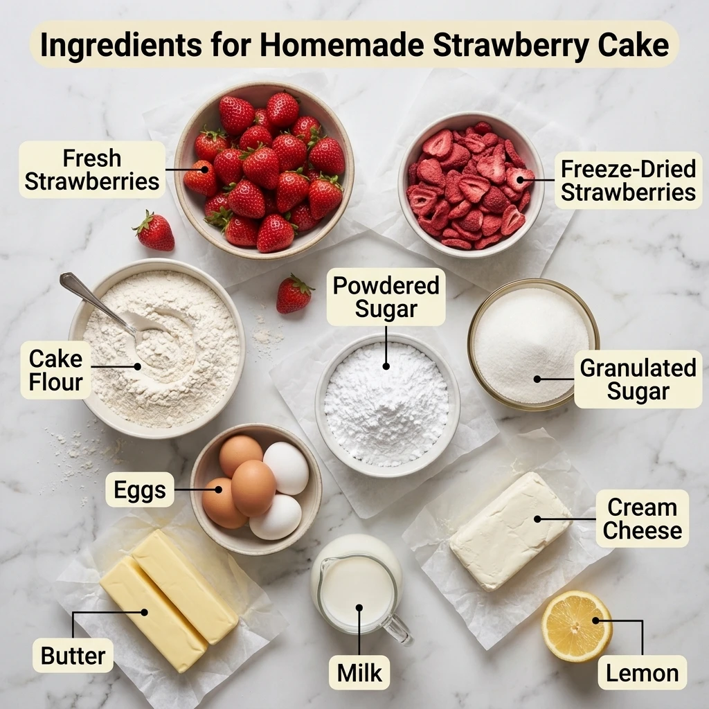 Ingredients for homemade strawberry cake from scratch, including fresh and freeze-dried strawberries