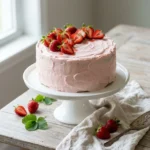 Two-layer strawberry cake with pink cream cheese frosting and halved berries on a white cake stand