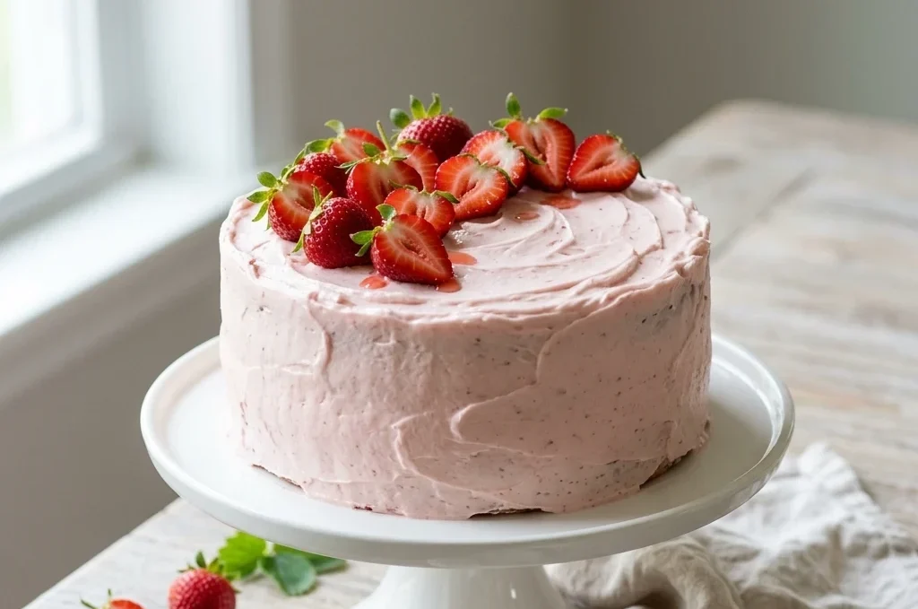 Two-layer strawberry cake with pink cream cheese frosting and halved berries on a white cake stand