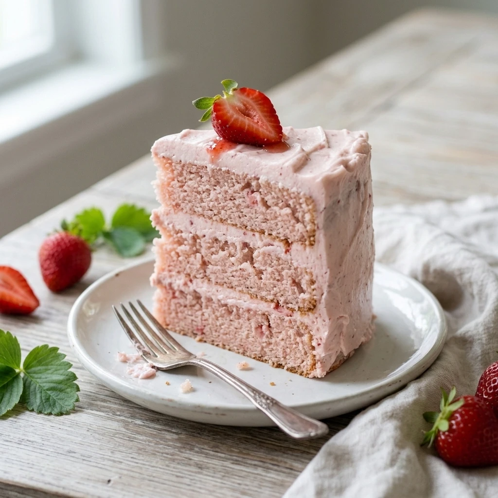 Close-up of a strawberry layer cake slice showing a soft pink crumb and frosting