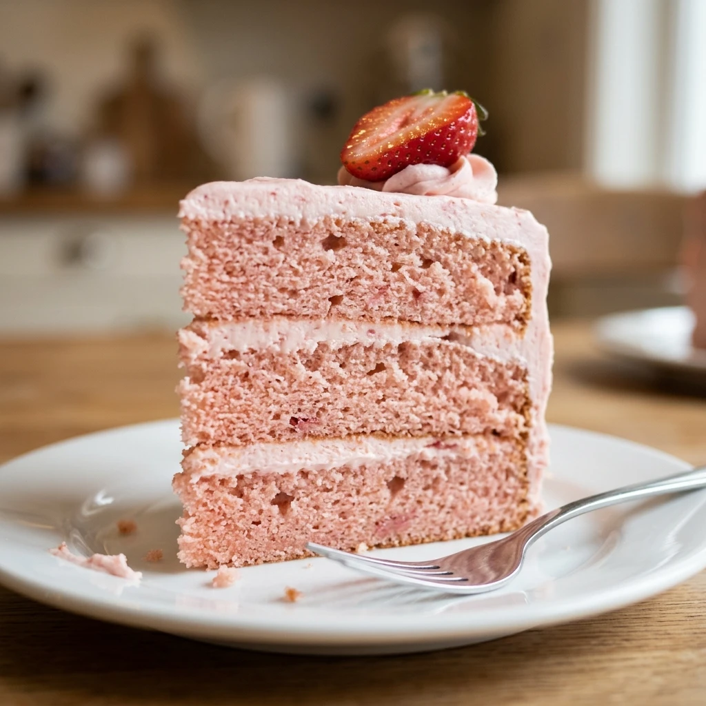 Slice of strawberry cake with cream cheese frosting served with a glass of cold milk