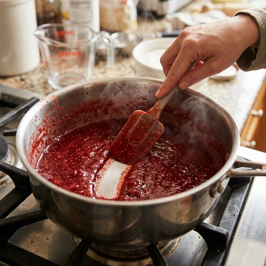 Strawberry puree reducing in a saucepan for fresh strawberry cake batter