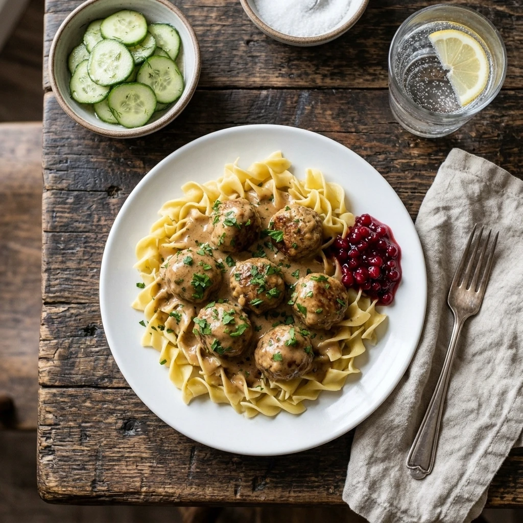 Plate of Swedish meatballs over egg noodles with lingonberry jam and cucumber salad for family dinner